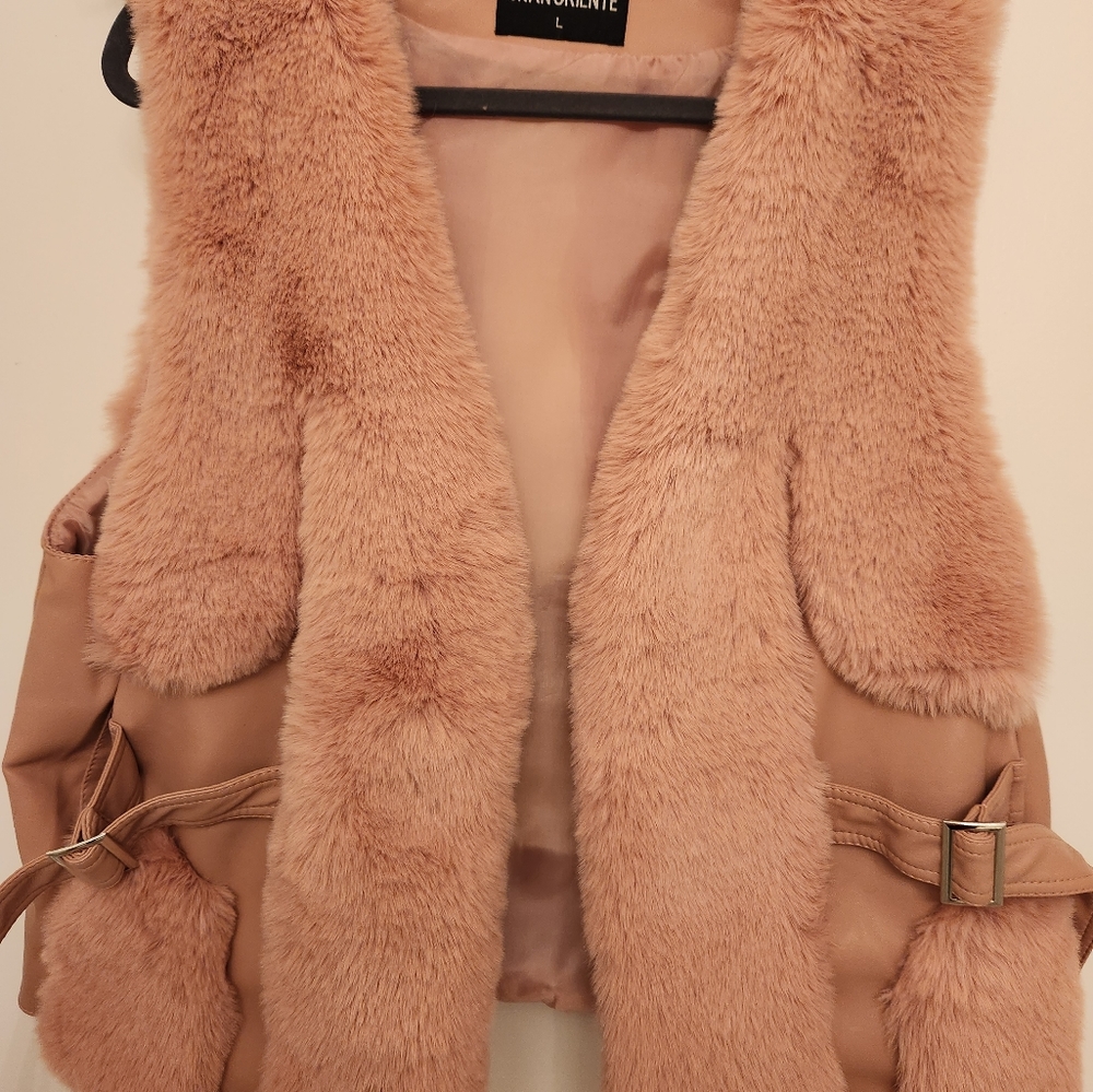 Faux Fur and Pleather Vest with Front Hook Closure